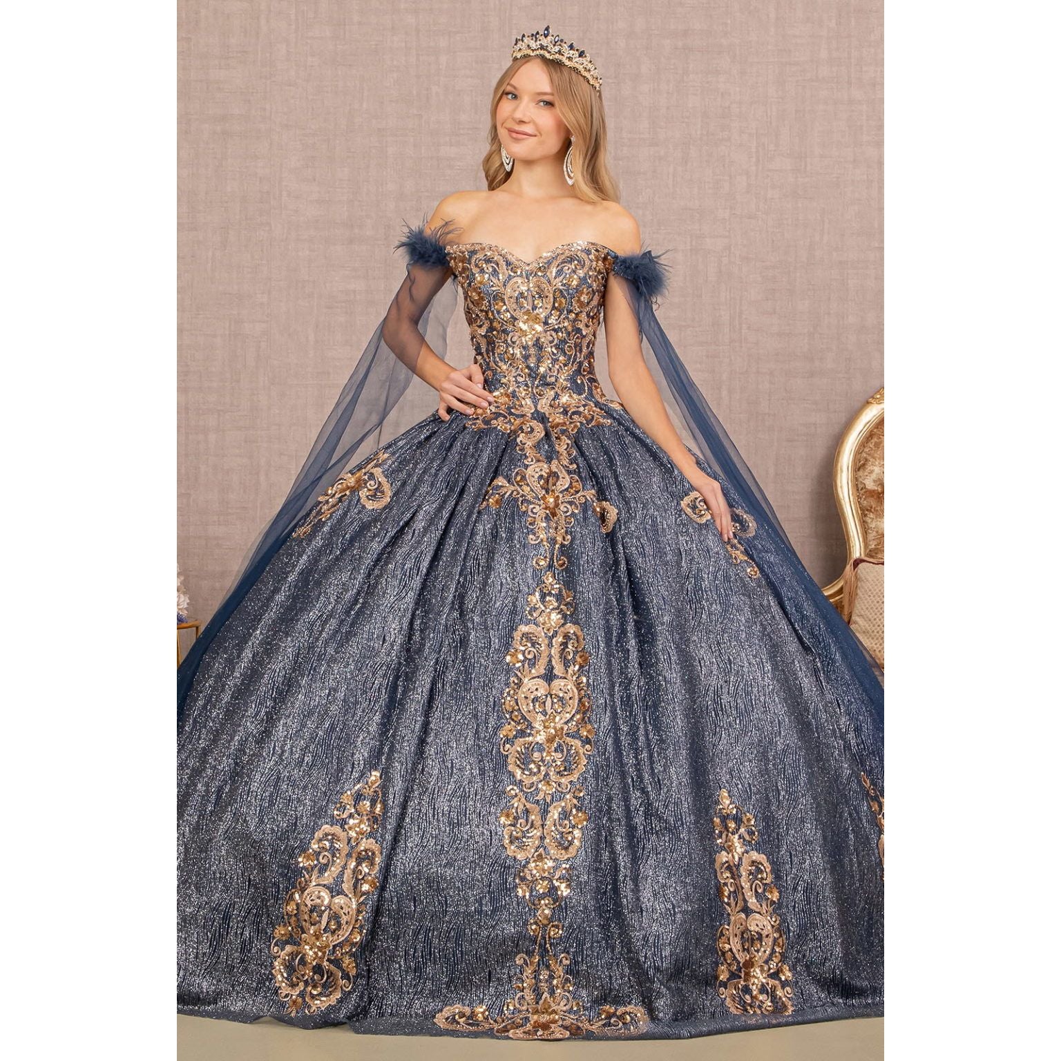 Feather Sequin Quinceanera Gown w/ Detachable Side Mesh Layer-0
