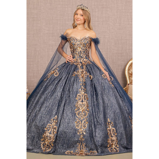 Feather Sequin Quinceanera Gown w/ Detachable Side Mesh Layer-0