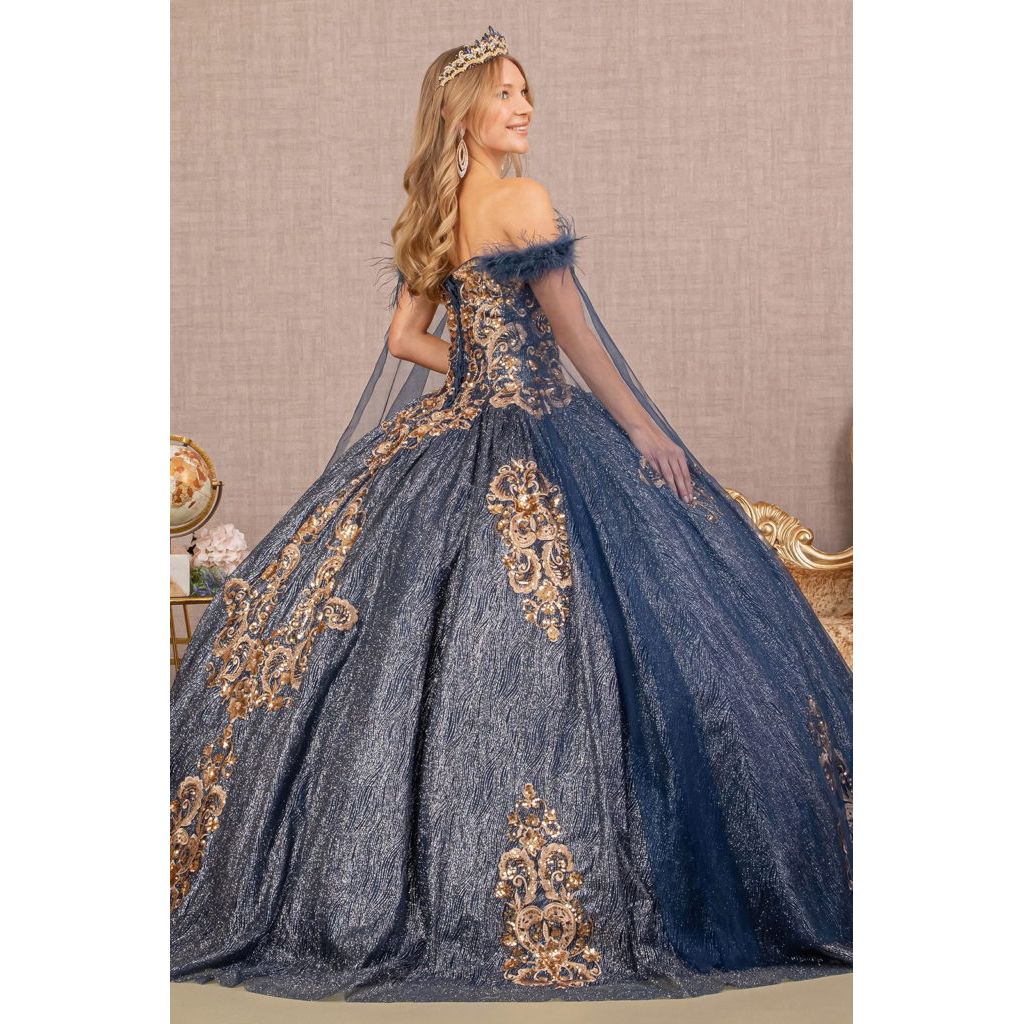 Feather Sequin Quinceanera Gown w/ Detachable Side Mesh Layer-1