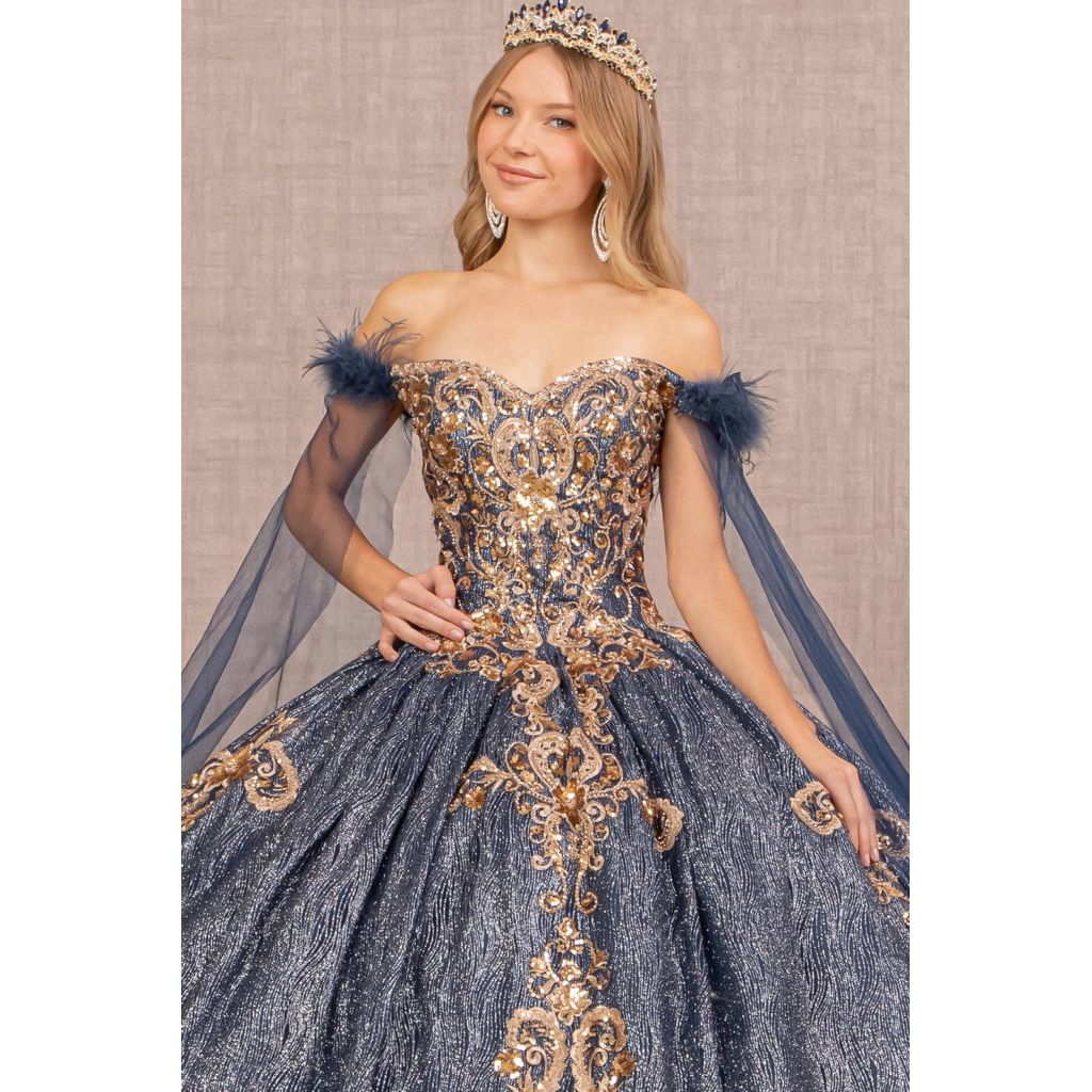 Feather Sequin Quinceanera Gown w/ Detachable Side Mesh Layer-2
