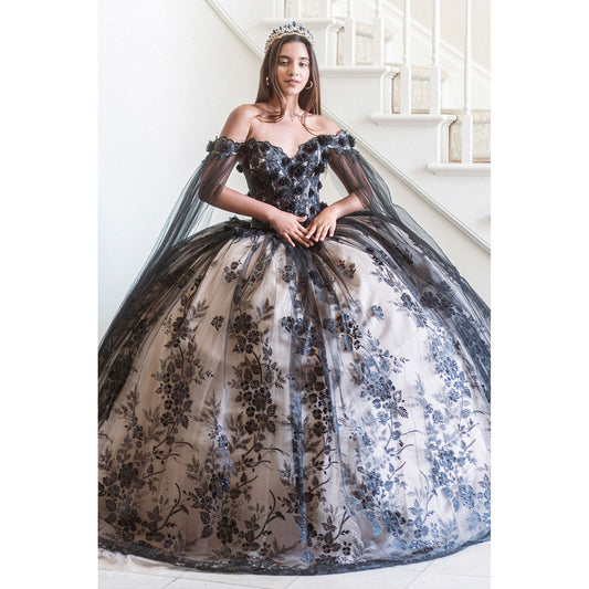 3-D Floral Applique Glitter Pattern Embellished Mesh Quinceanera Gown-0