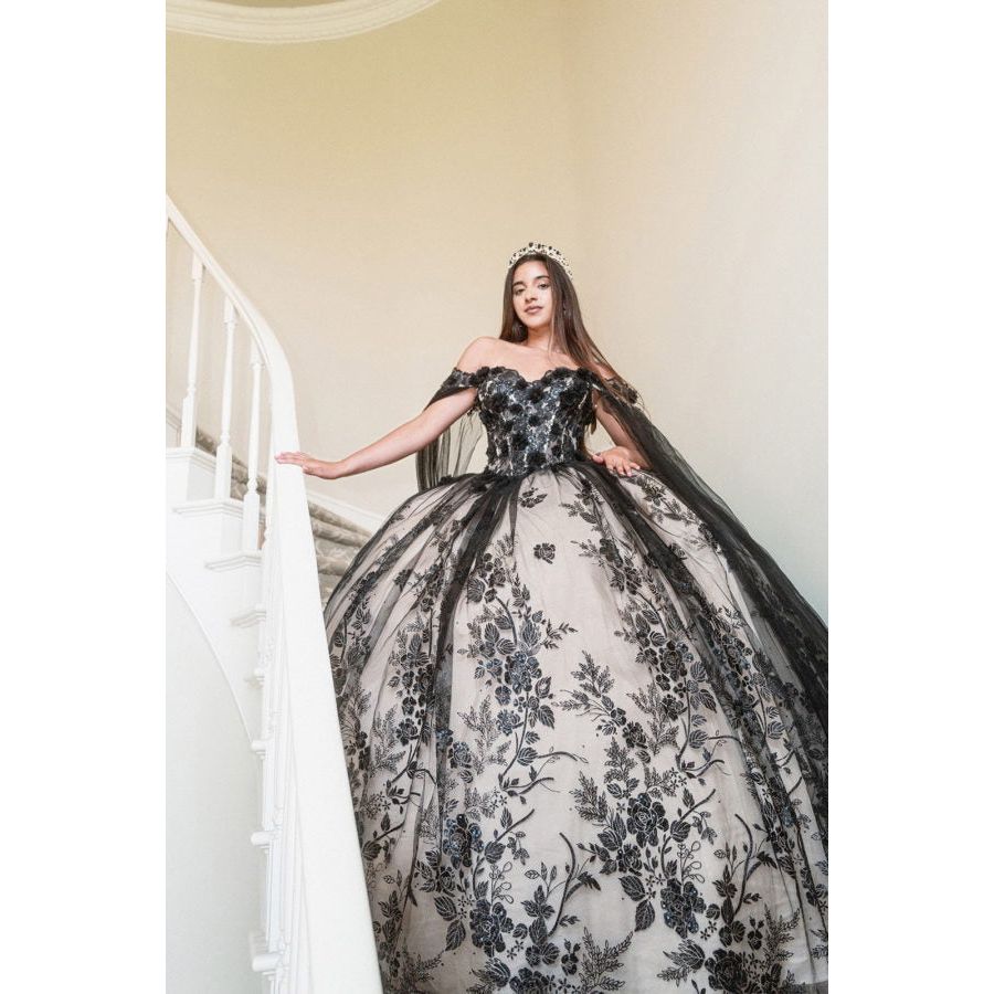 3-D Floral Applique Glitter Pattern Embellished Mesh Quinceanera Gown-3