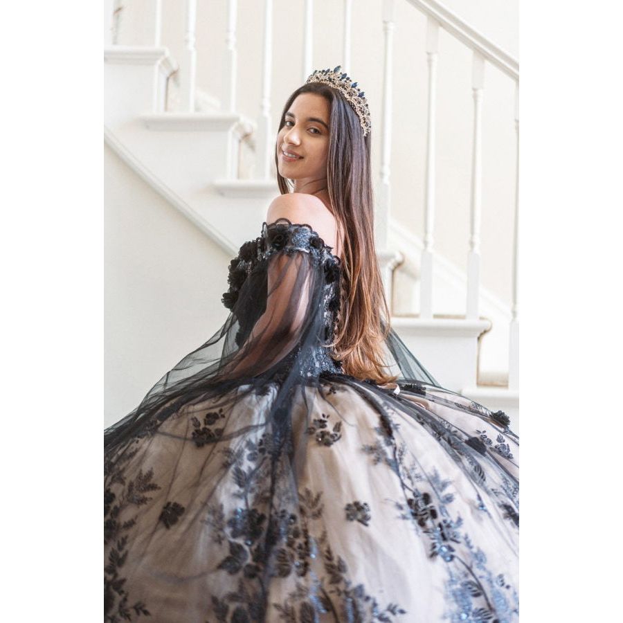 3-D Floral Applique Glitter Pattern Embellished Mesh Quinceanera Gown-4