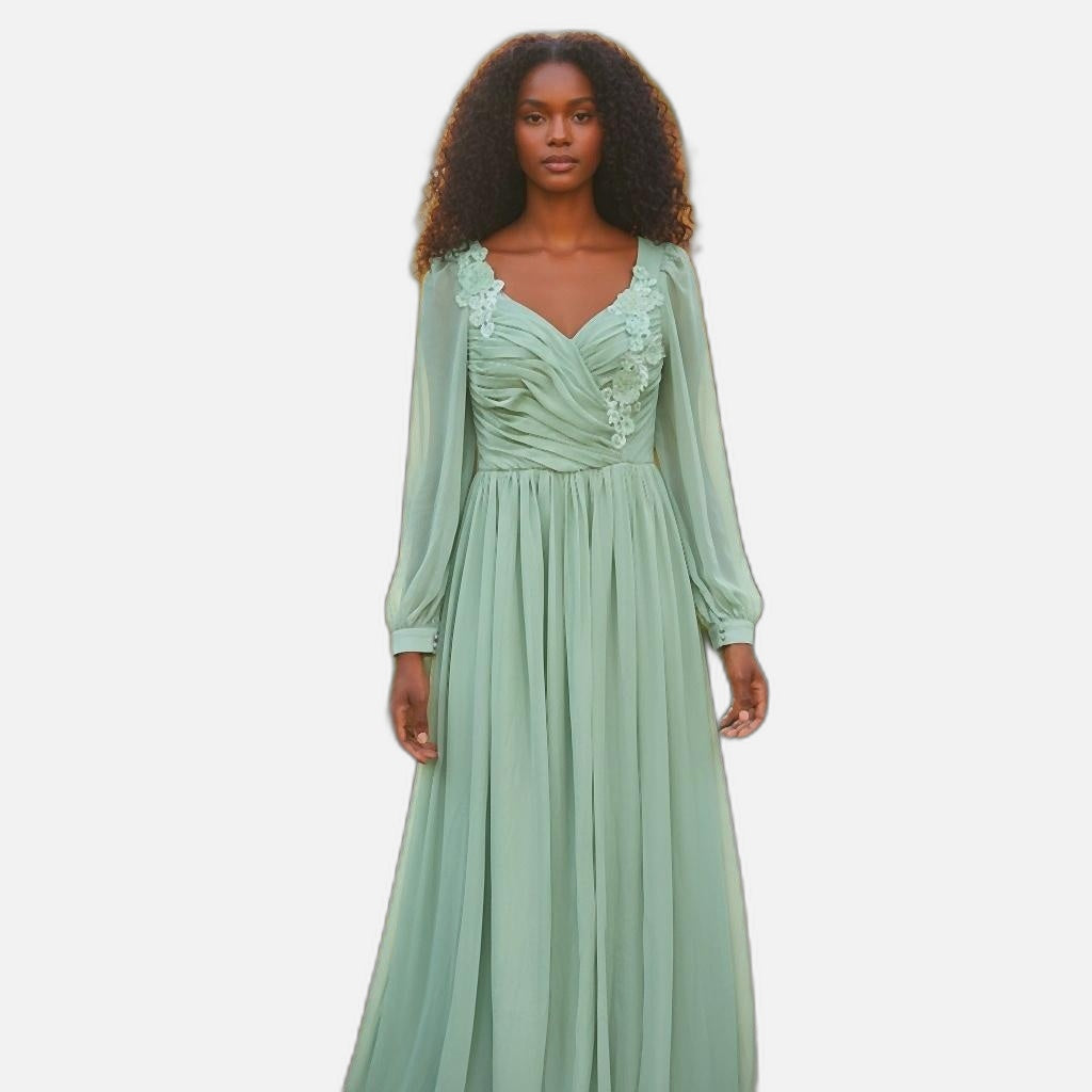 Elegant Long Sleeve Dress with Floral Appliques