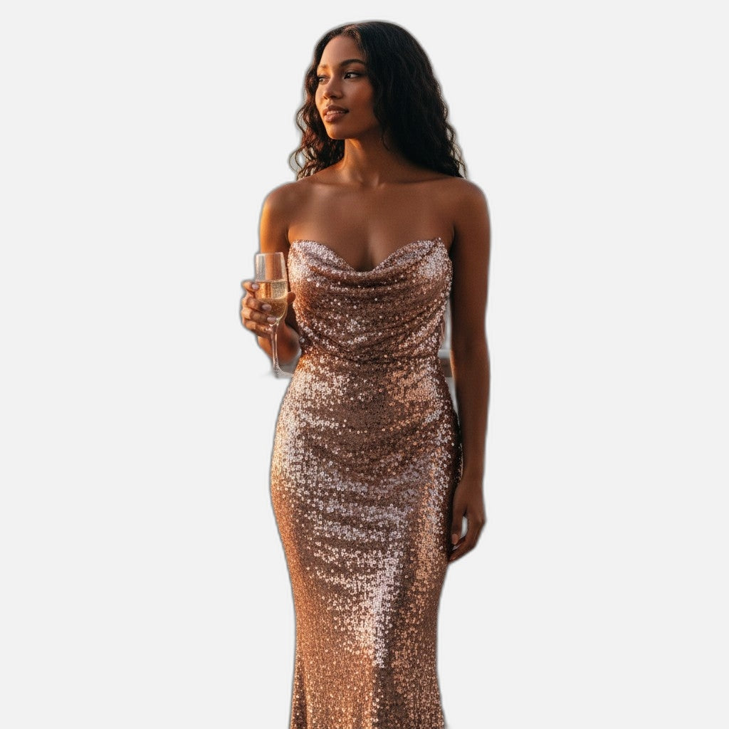Glamorous Rose Gold Sequin Evening Dress w Sheer Cape