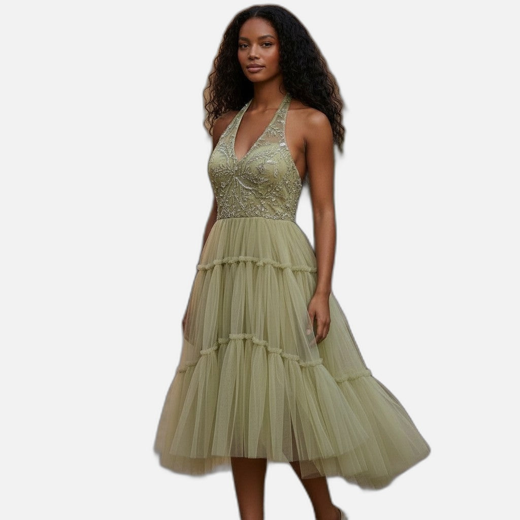 Gorgeous Gold Halter Tulle Prom Dress - Twirl Worthy!