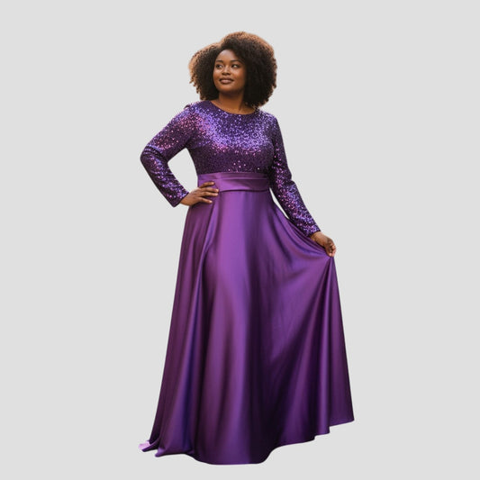 Dazzling Sequin & Satin Evening Gown - Long Sleeve Elegannce