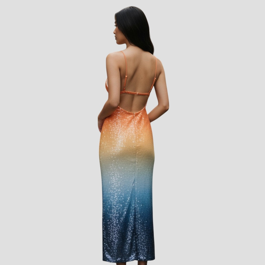 Sunset Dreams Sequin Maxi Dress: Shine & Dine (Missing small row of sequins - could cut short)