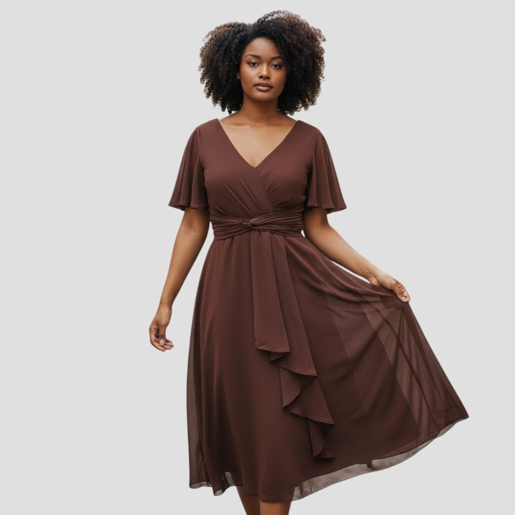Flowy Cap Sleeved Tea Length Dress