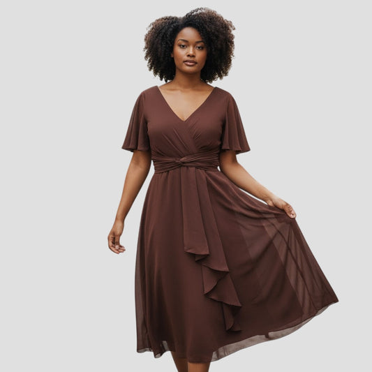 Flowy Cap Sleeved Tea Length Dress