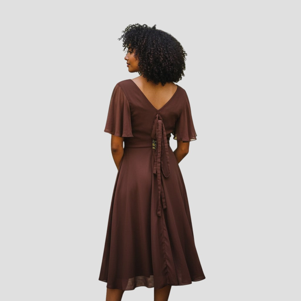 Flowy Cap Sleeved Tea Length Dress