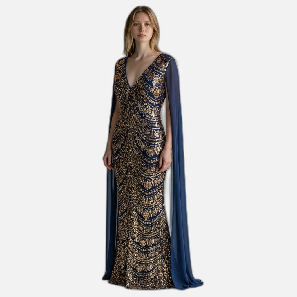 Glamorous and Gold Embroidered Long Sleeve Dress