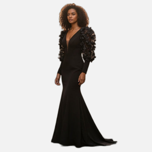 Gothic Glam Long Sleeve Dress with Floral Mesh Puff Sleeves