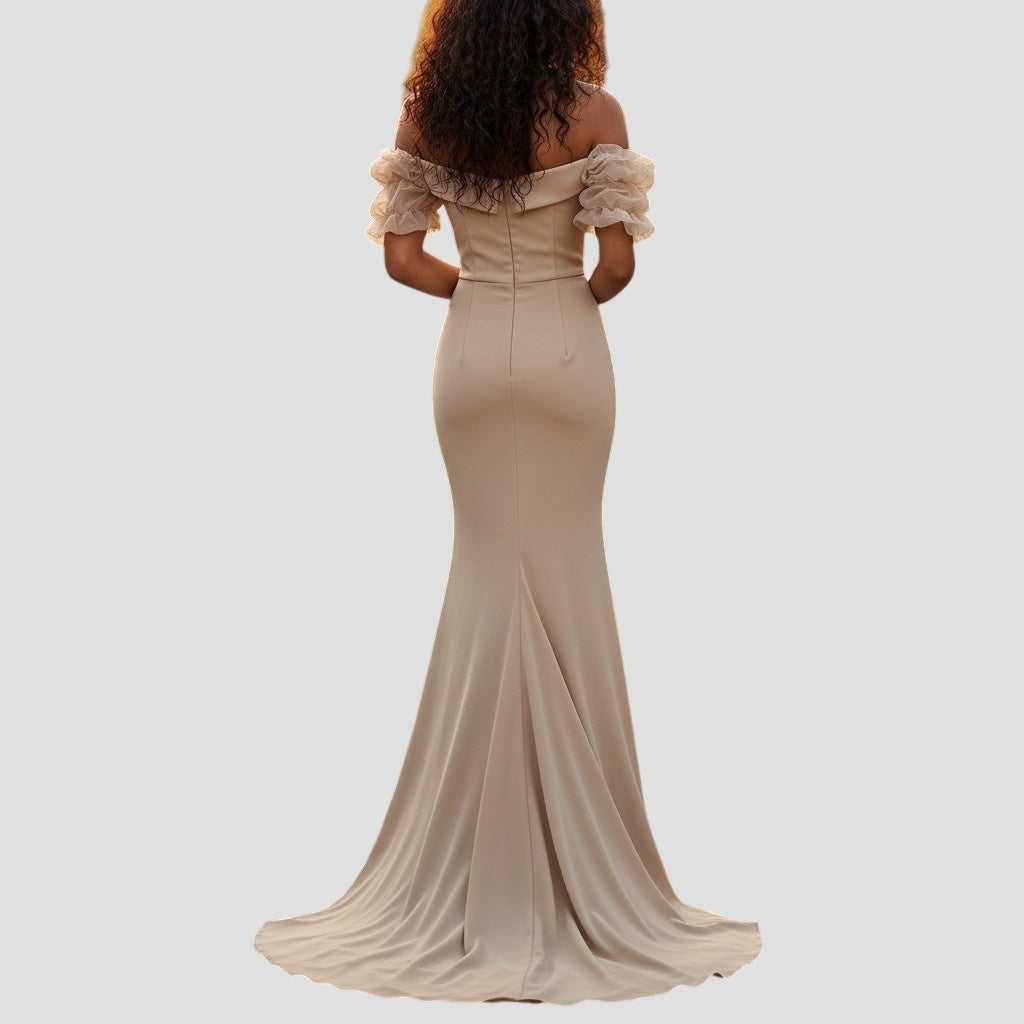 Chic Mirage: Flirty Off-Shoulder Goddess Gown