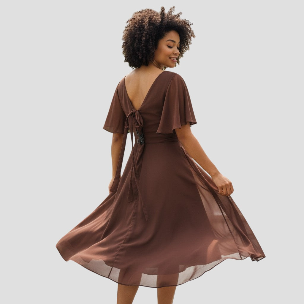 Flowy Cap Sleeved Tea Length Dress