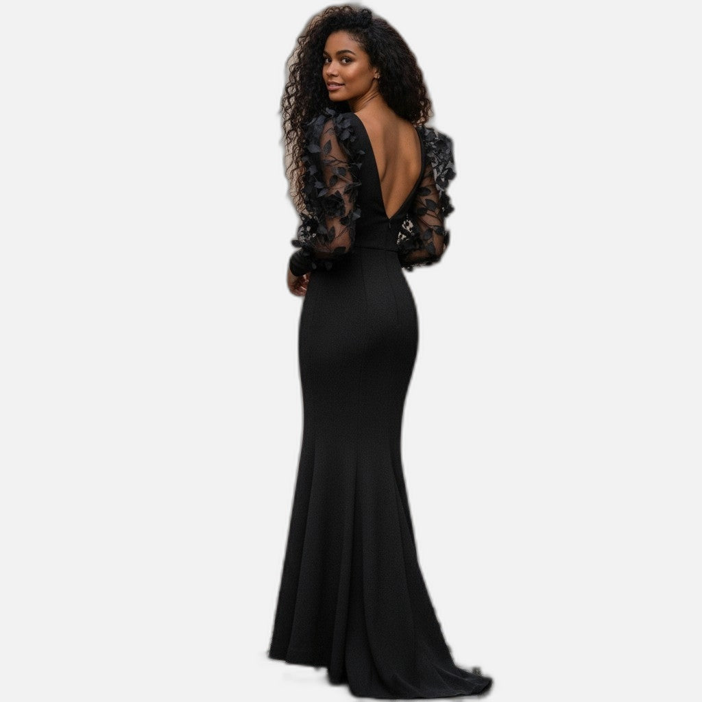 Gothic Glam Long Sleeve Dress with Floral Mesh Puff Sleeves