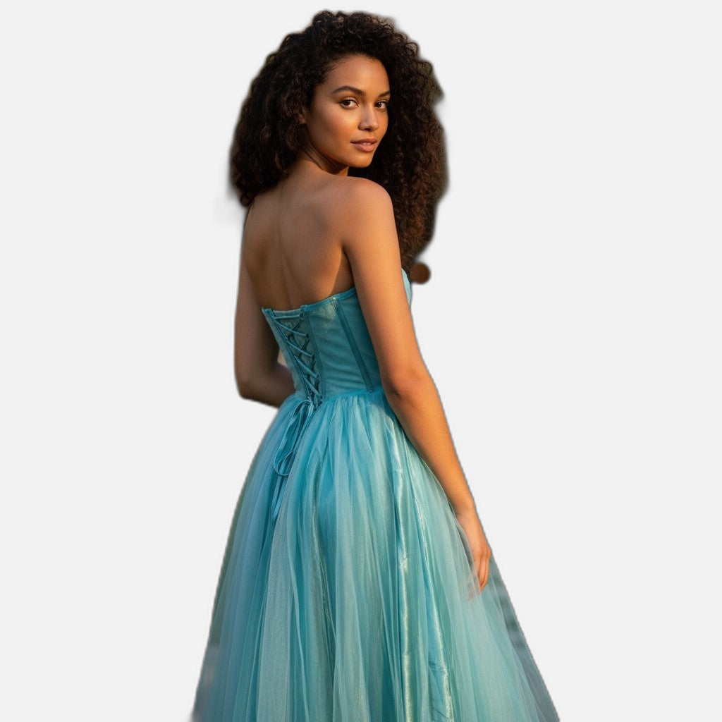 Enchanting Aqua Prom Dress with Corset Lace-Up Back