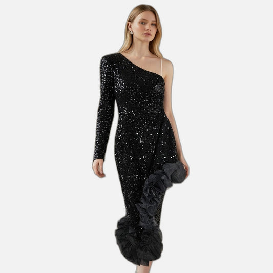 Glamorous One-Shoulder Sequin Dress with Ruffle Hem