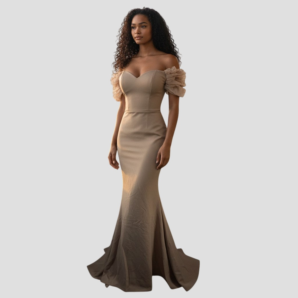 Chic Mirage: Flirty Off-Shoulder Goddess Gown