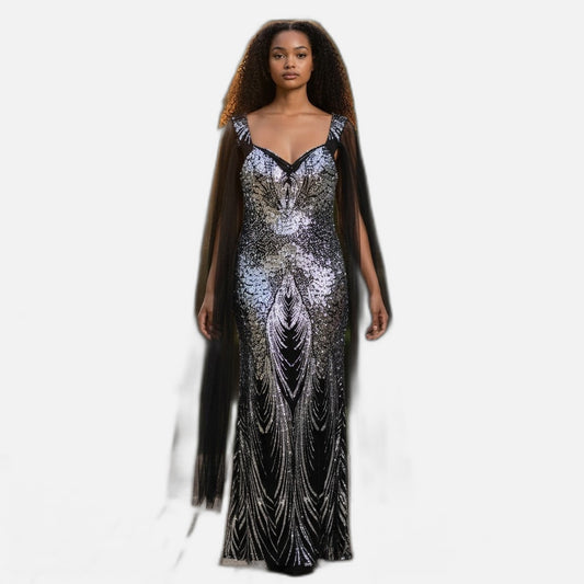 Sequined Evening Dress with Dramatic Sheer Sleeves