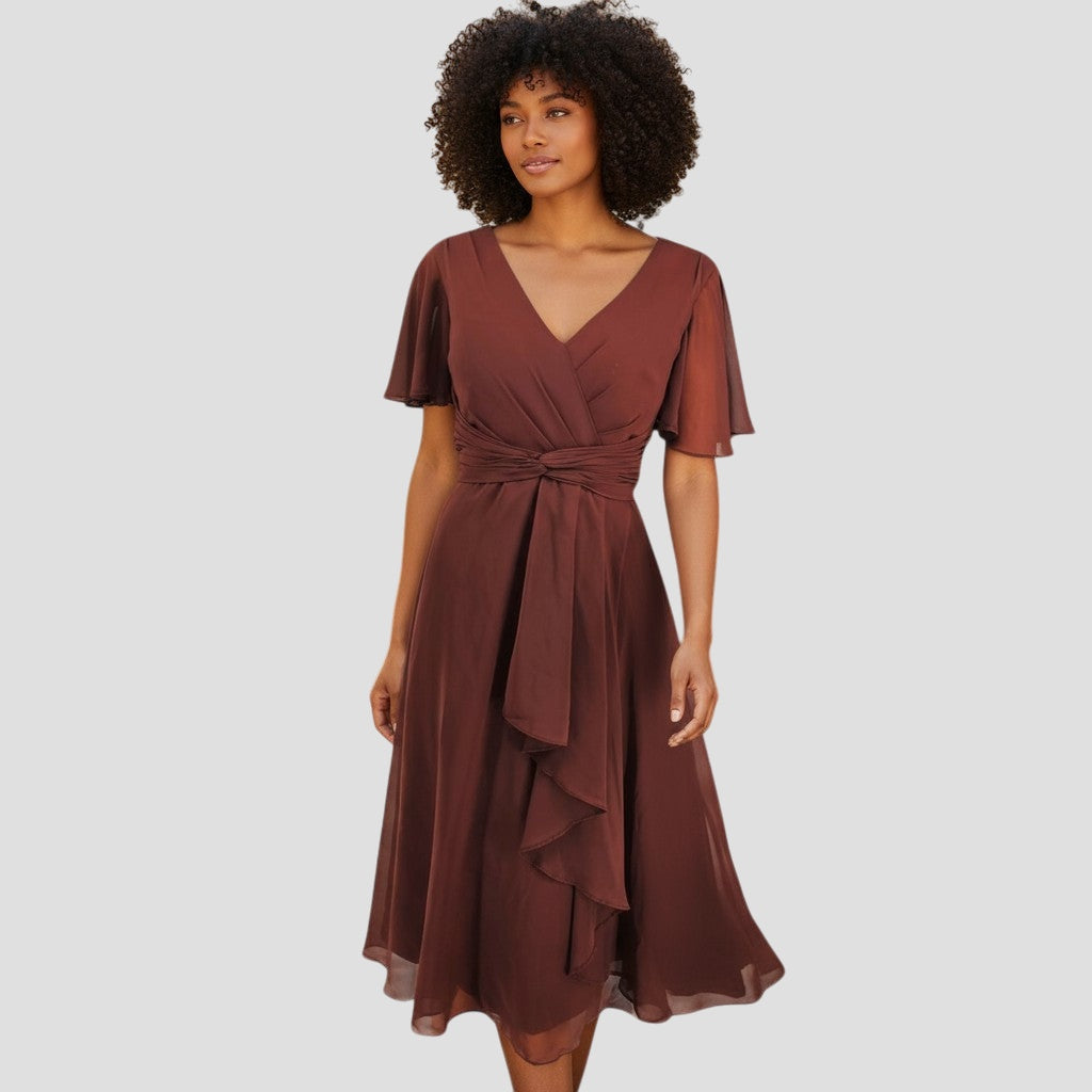 Flowy Cap Sleeved Tea Length Dress