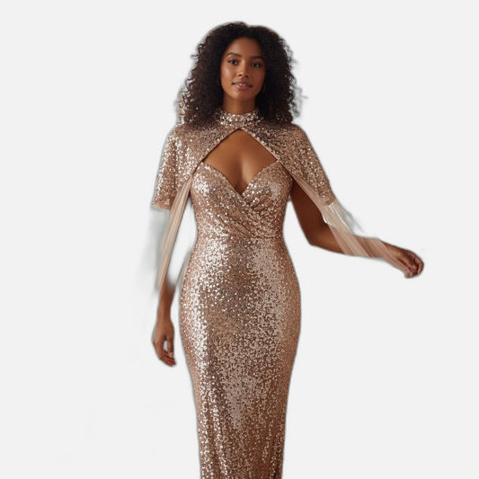Glamorous Rose Gold Sequin Evening Dress w Sheer Cape