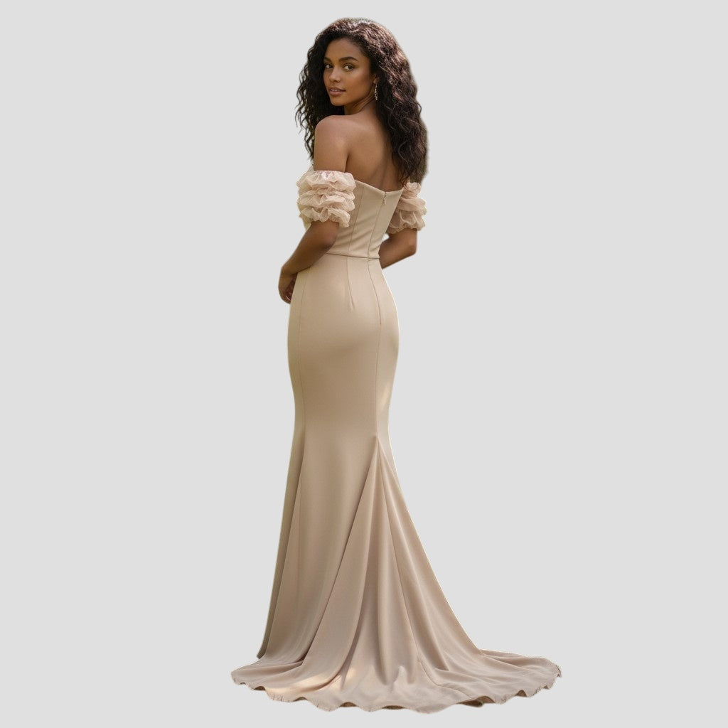 Chic Mirage: Flirty Off-Shoulder Goddess Gown