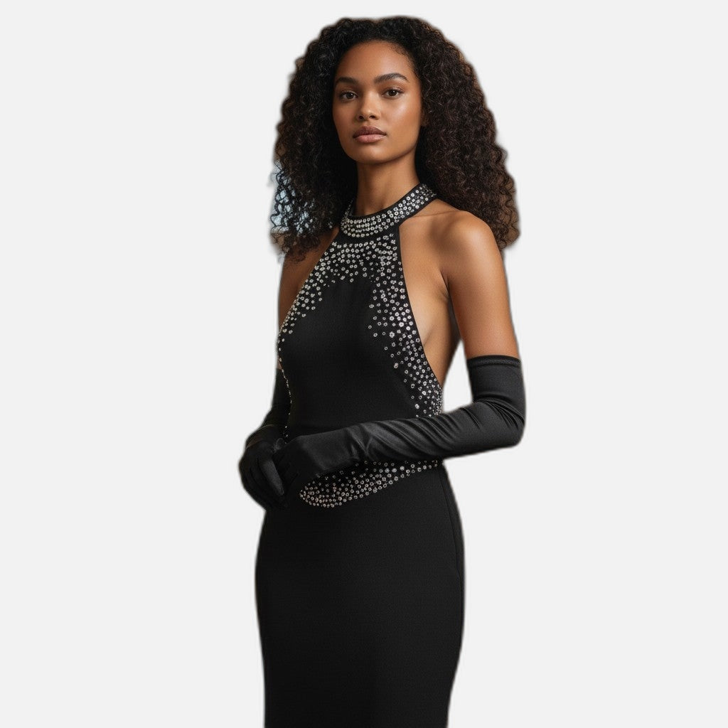 Sparkle & Slay Evening Dress with Rhinestone Collar