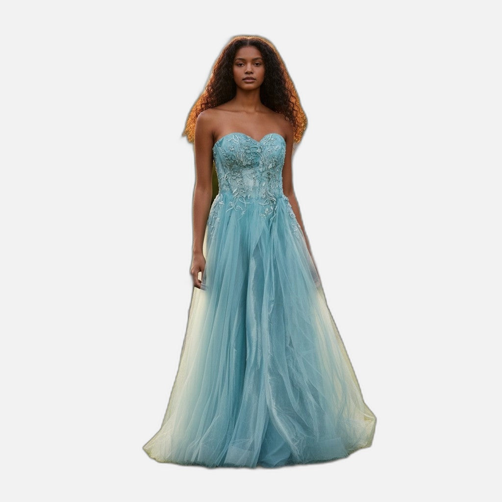 Enchanting Aqua Prom Dress with Corset Lace-Up Back