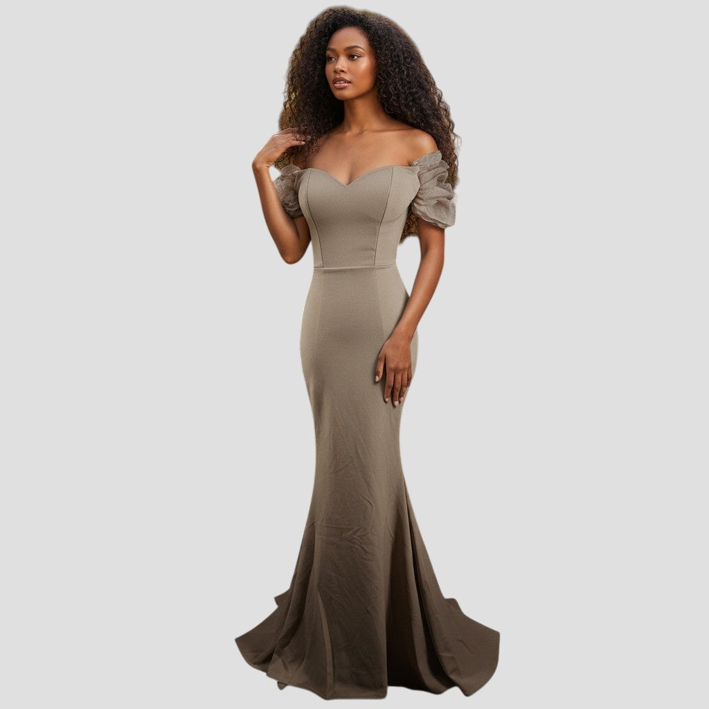 Chic Mirage: Flirty Off-Shoulder Goddess Gown