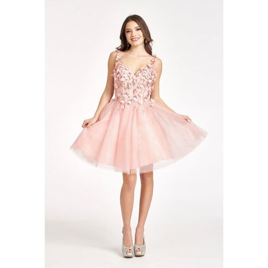 Sequin Floral Applique V-Back Glitter Mesh Homecoming Dress w/ Sweetheart Neckline-0
