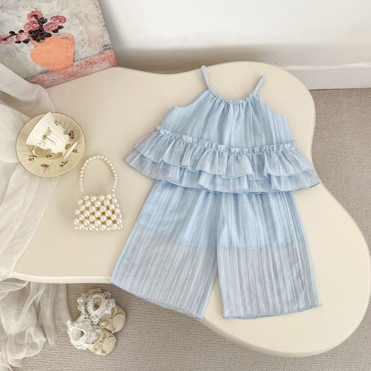 Summer Baby Kids Solid Color Sleeveless Top Ruffle Vest and Pants Clothing Set for Girls-1