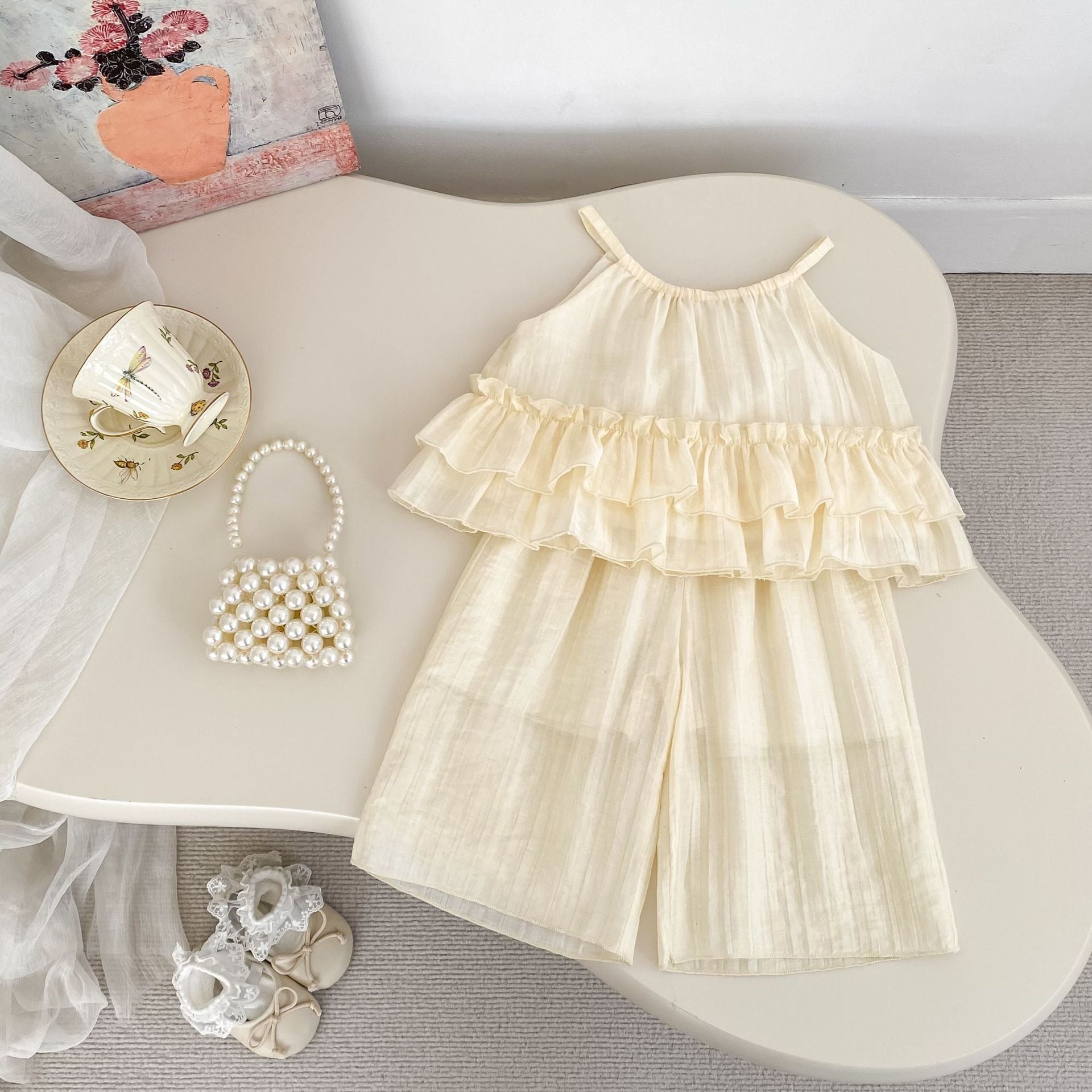 Summer Baby Kids Solid Color Sleeveless Top Ruffle Vest and Pants Clothing Set for Girls-2