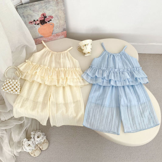 Summer Baby Kids Solid Color Sleeveless Top Ruffle Vest and Pants Clothing Set for Girls-0