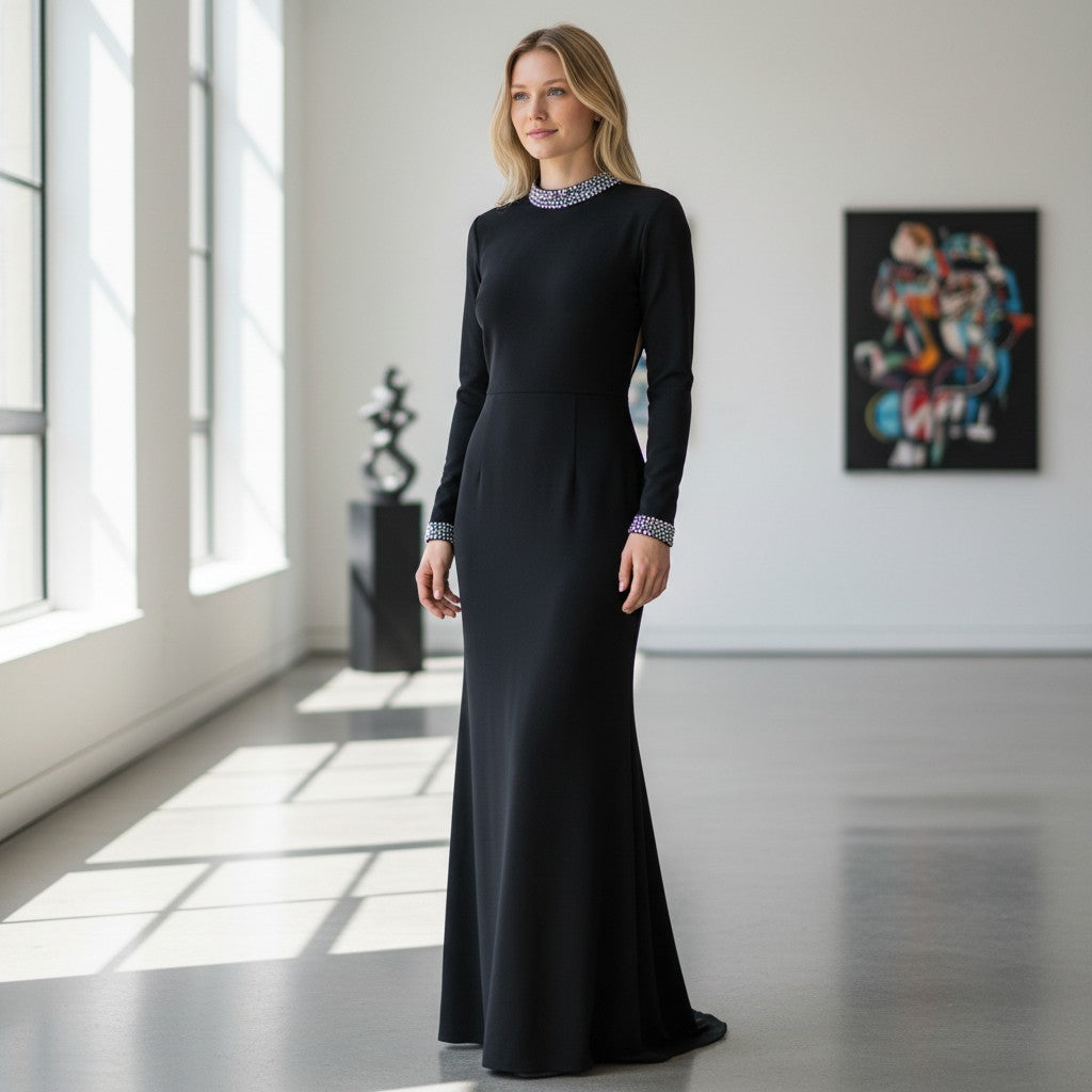 Glamorous Evening Dress with Sparkly Collar and Cuffs