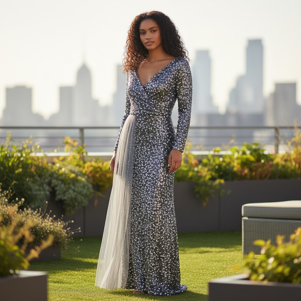 Glamorous Sequin Long Sleeve Dress w Tulle Accent