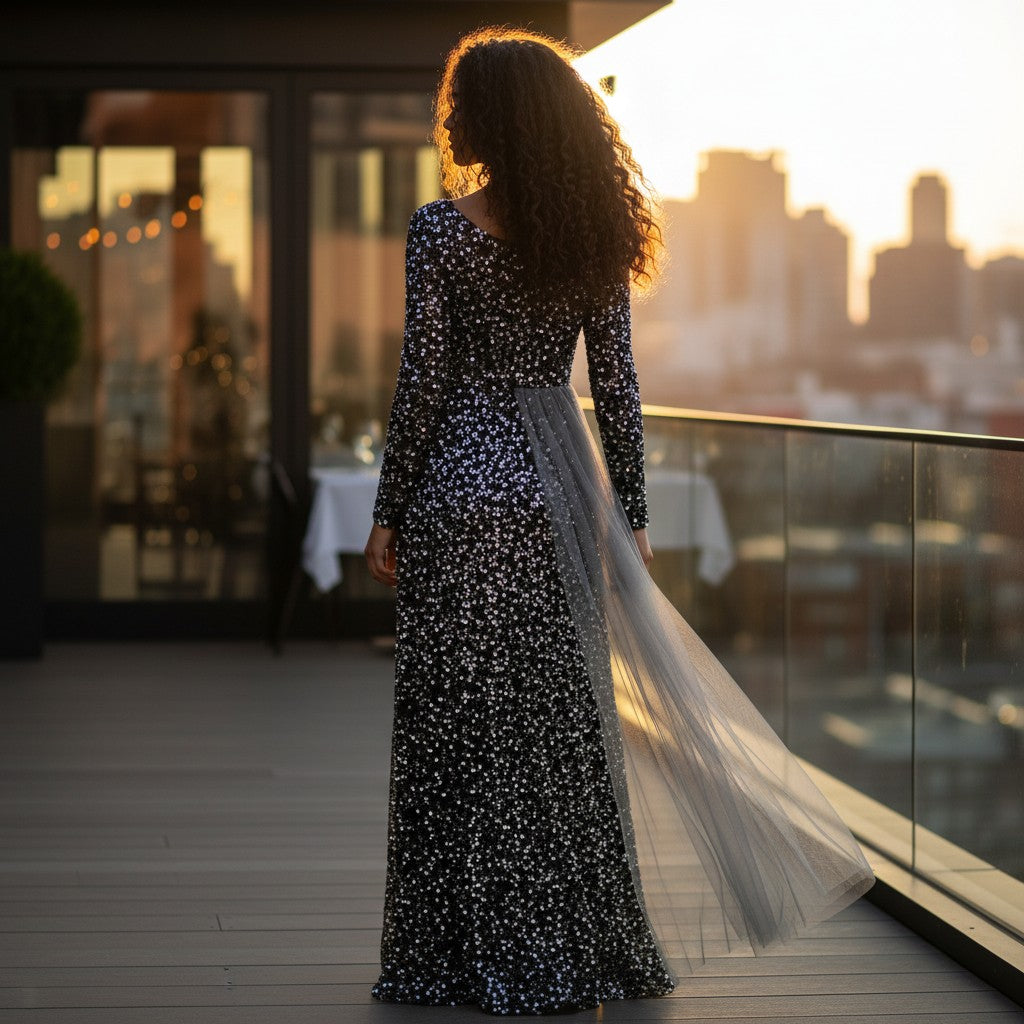 Glamorous Sequin Long Sleeve Dress w Tulle Accent