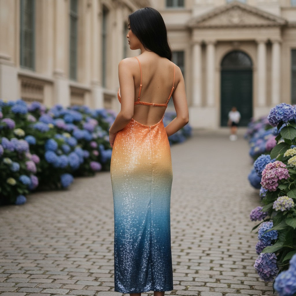 Sunset Dreams Sequin Maxi Dress: Shine & Dine (Missing small row of sequins - could cut short)