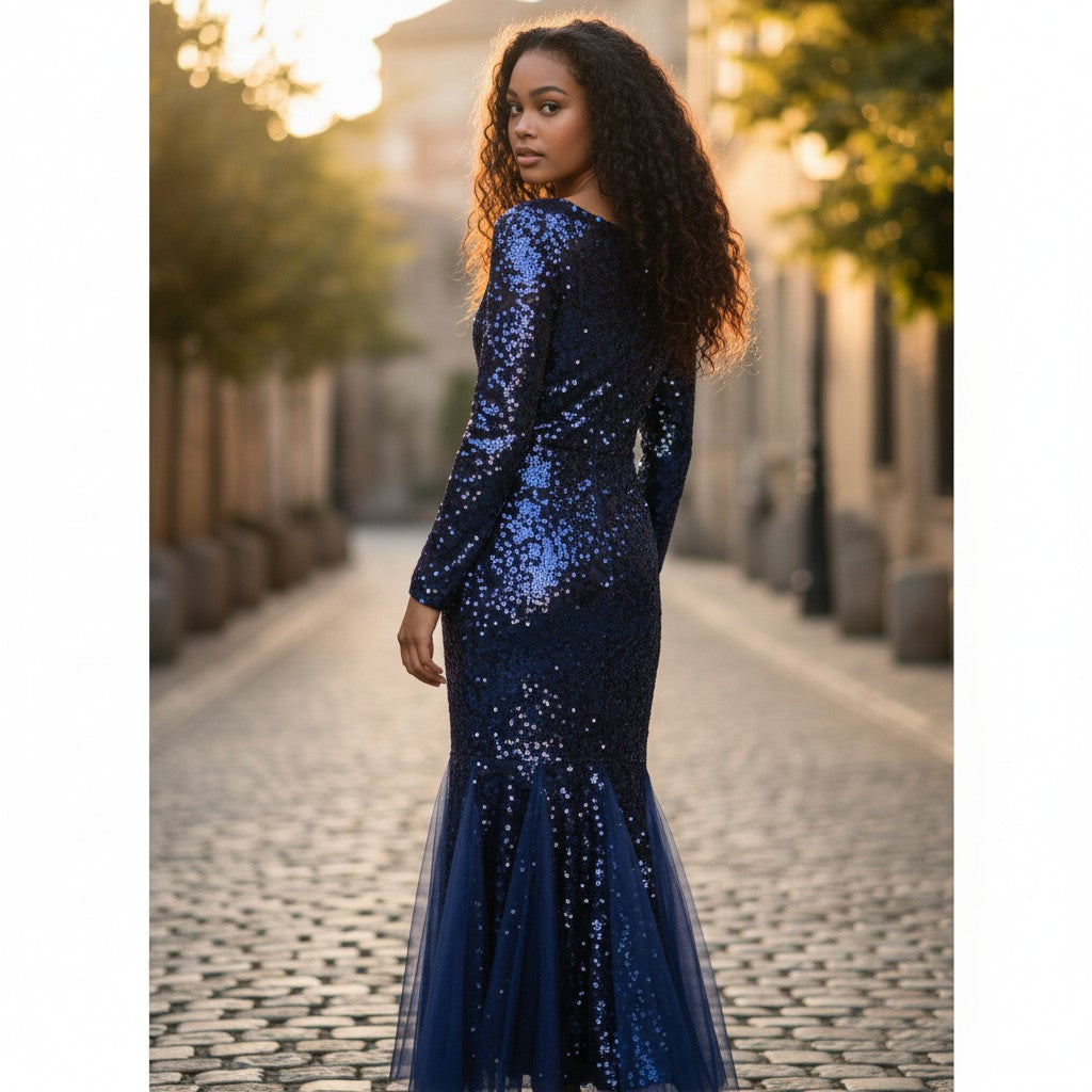 Dazzling Sequin Evening Gown with Tulle Flair
