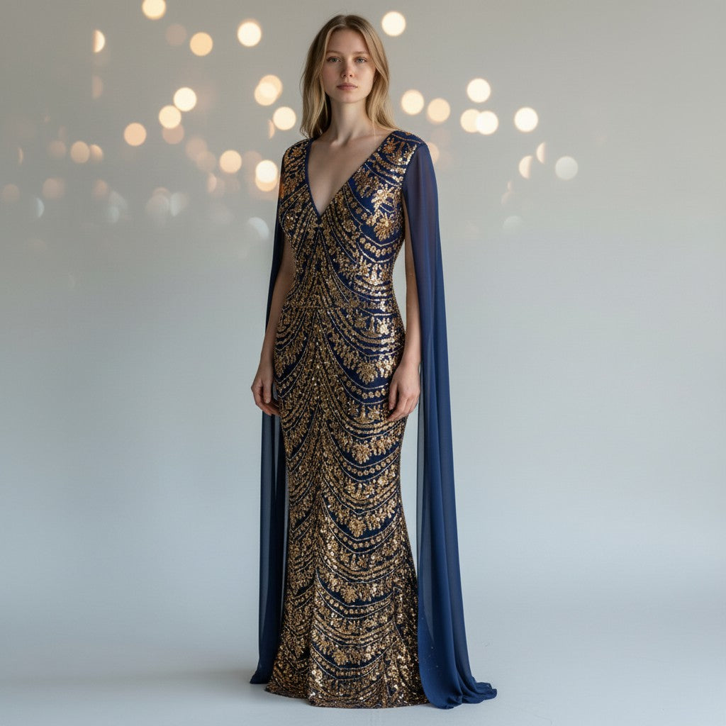 Glamorous and Gold Embroidered Long Sleeve Dress