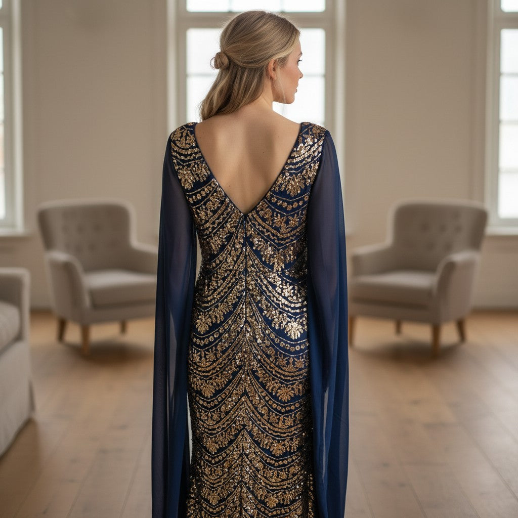 Glamorous and Gold Embroidered Long Sleeve Dress