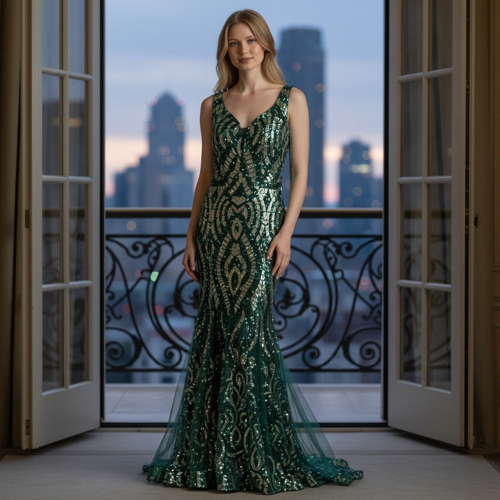 Glamorous and Gold Sequin Prom Dress - Mermaid Magic!