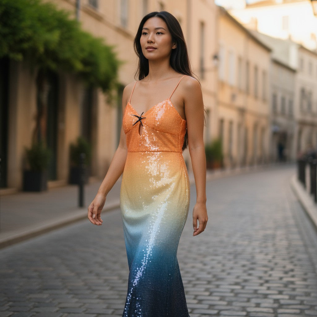 Sunset Dreams Sequin Maxi Dress: Shine & Dine (Missing small row of sequins - could cut short)