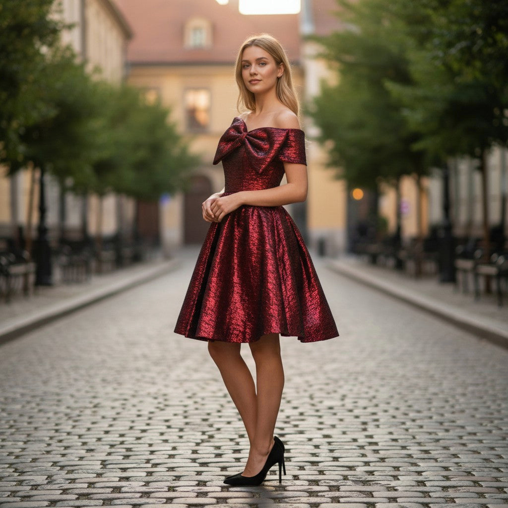 Scarlet Symphony: The Dramatic Bow Dress of Dreams