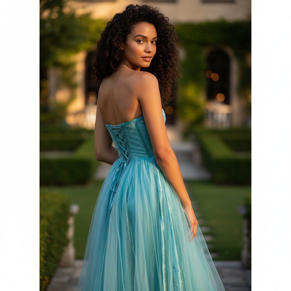 Enchanting Aqua Prom Dress with Corset Lace-Up Back