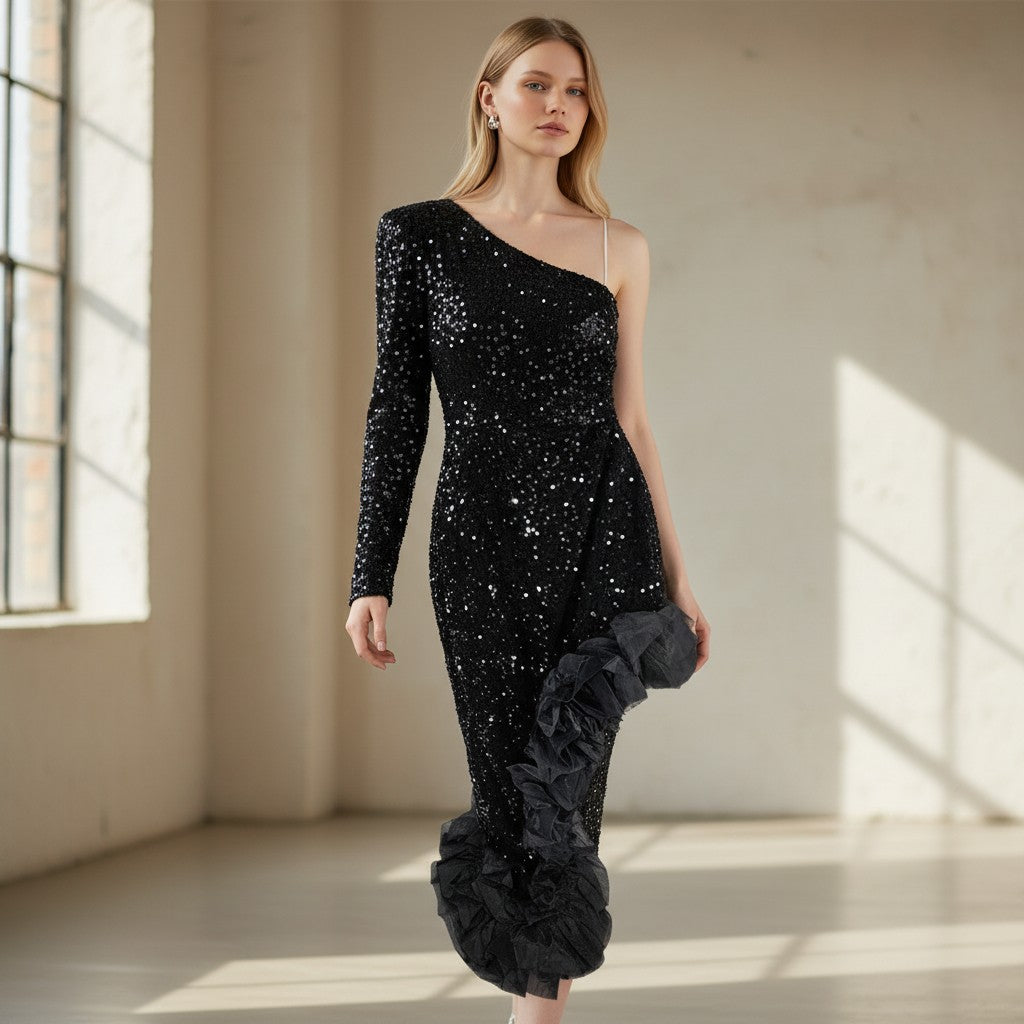 Glamorous One-Shoulder Sequin Dress with Ruffle Hem