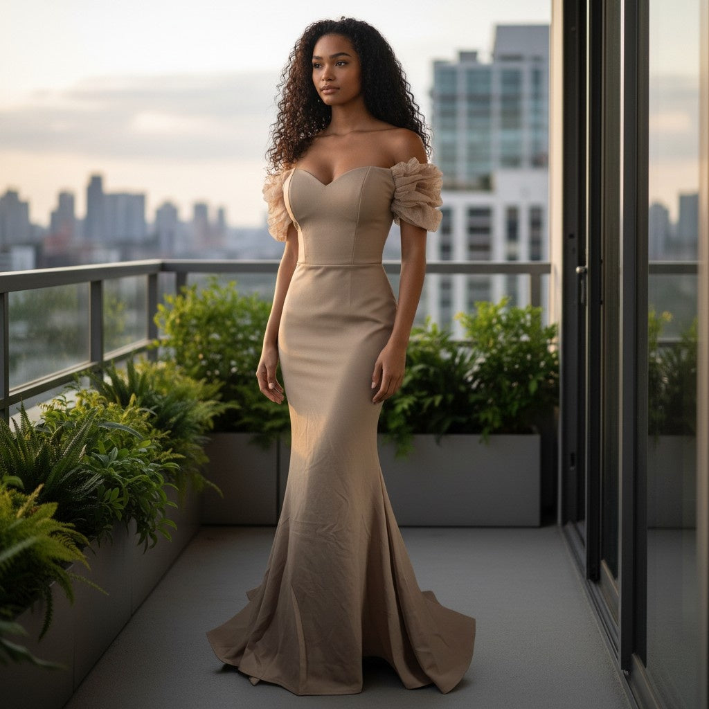 Chic Mirage: Flirty Off-Shoulder Goddess Gown