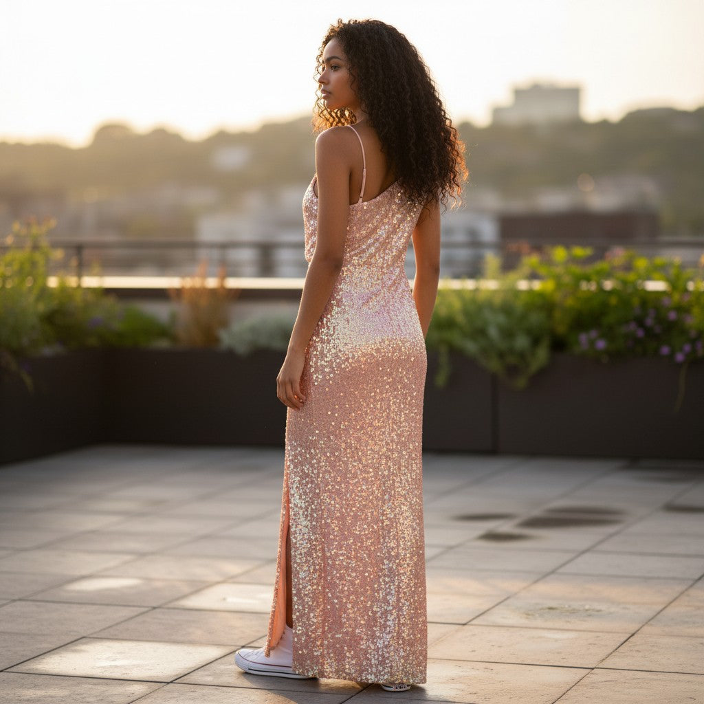 Sequined Party Dress - Sunset Peach Radiance