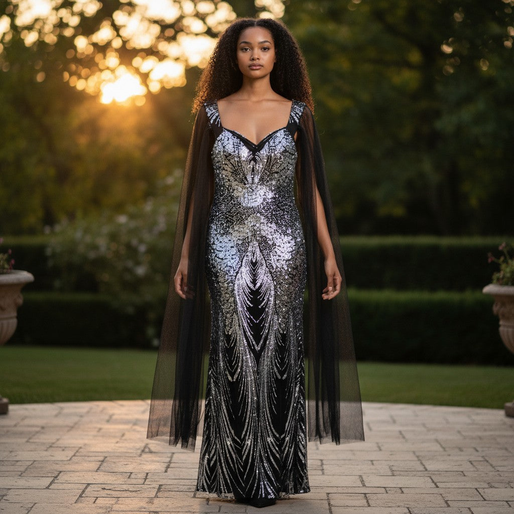 Sequined Evening Dress with Dramatic Sheer Sleeves