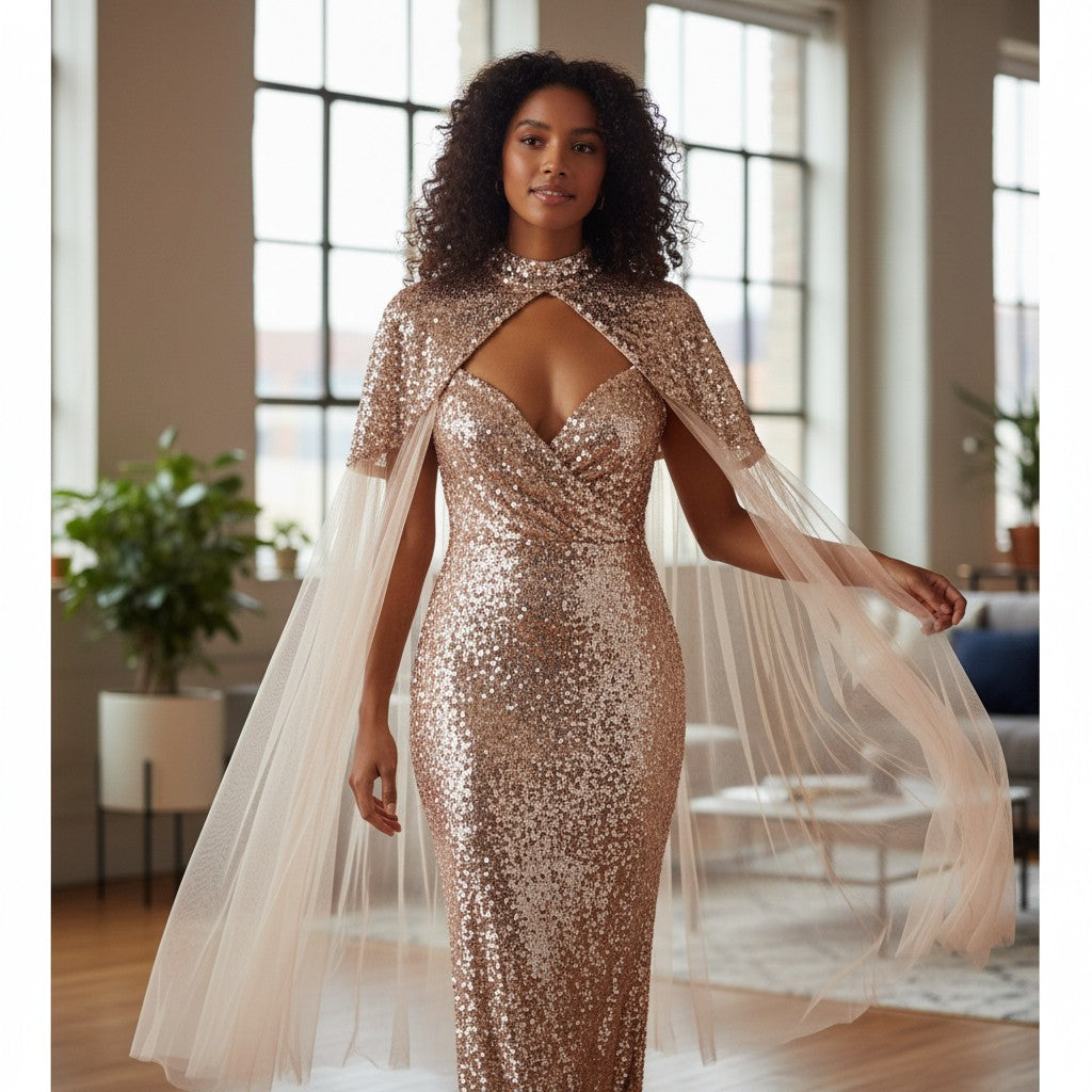 Glamorous Rose Gold Sequin Evening Dress w Sheer Cape